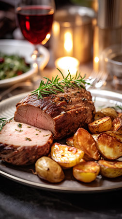 Roast duck breast with baked potatoes and rosemary on a plateの素材