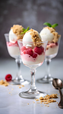 Vanilla ice cream with fresh raspberries and mint leaves in glassesの素材