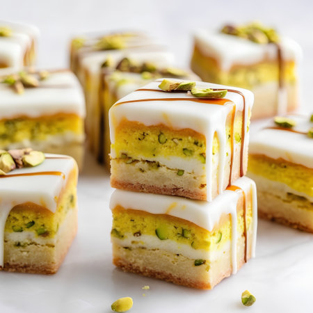 Cake with pistachios and cream on a white background.の素材