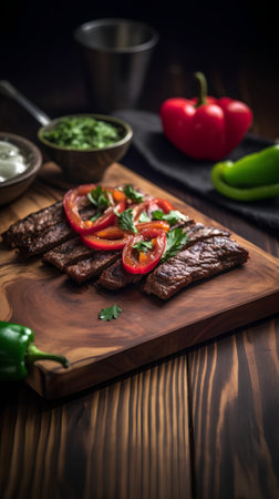 Grilled beef steaks with vegetables and sauce on a wooden boardの素材