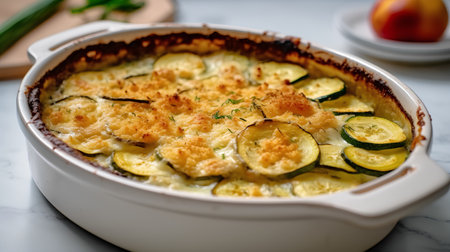 Casserole with zucchini and cheese in a baking dishの素材