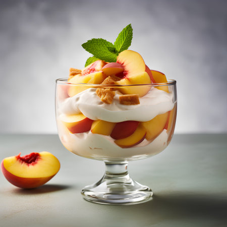 Delicious yogurt with peaches in a glass on a gray backgroundの素材