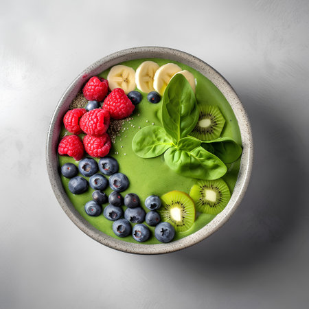 Green smoothie bowl with chia seeds, fresh berries, banana and spinach on grey background, top viewの素材