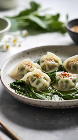 Pork dumplings with spinach and cheese on a gray backgroundの素材