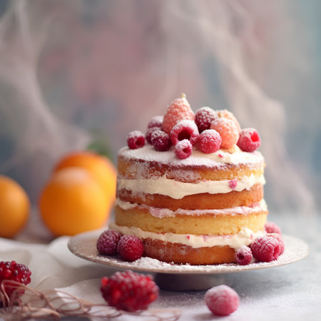 Homemade cake with cream and fresh raspberries, selective focusの素材