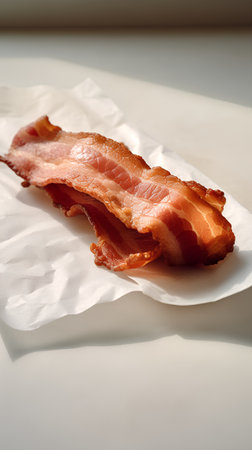 Slices of smoked bacon on white paper. Selective focus.の素材