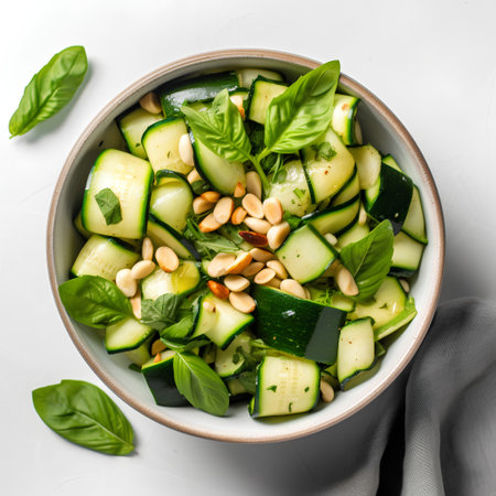 Green salad with zucchini, pine nuts and basil in a bowl on a white background, top viewの素材