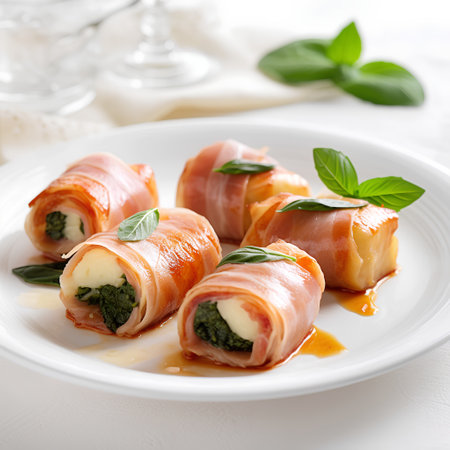Rolls of bacon wrapped with spinach and ricotta, selective focus.の素材