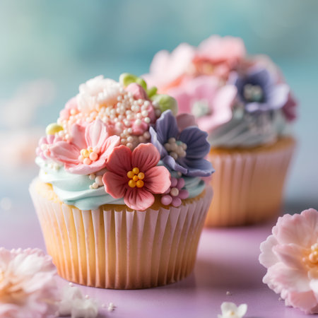 Cupcakes decorated with flowers on a pastel background. Selective focus.の素材