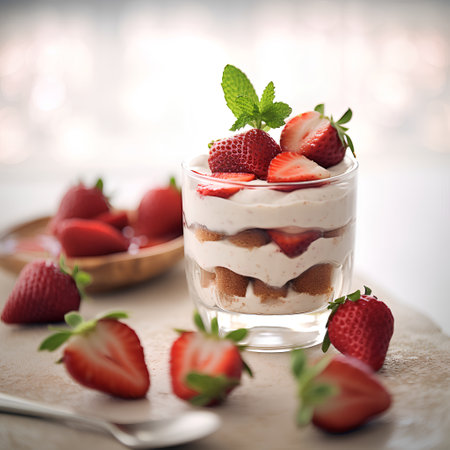 Classic tiramisu dessert in a glass with fresh strawberries on light backgroundの素材