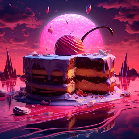 Cake with cherry on top in the moonlight. 3D renderingの素材