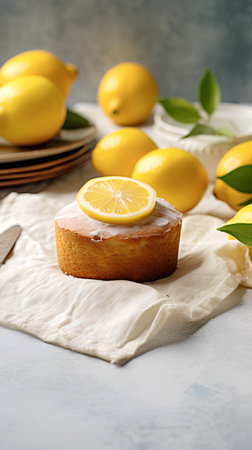 Lemon bundt cake with fresh lemons on a light backgroundの素材