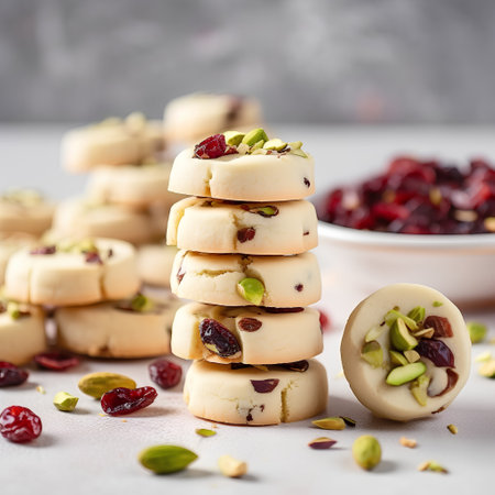 Homemade cookies with cranberries and pistachios, selective focus.の素材