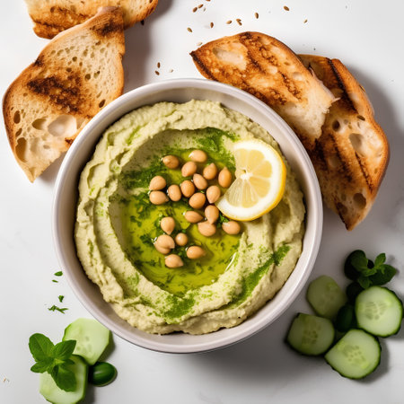 Bowl of hummus with fresh cucumber, olives and toastの素材