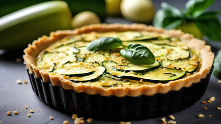 Tart with zucchini, eggs and cheese on a black backgroundの素材