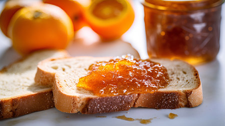 Orange marmalade on a slice of bread and oranges in the backgroundの素材