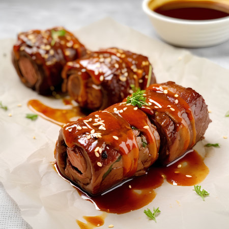 Rolls of pork with sauce and sesame seeds on a gray backgroundの素材