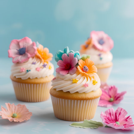 Cupcakes with buttercream frosting and flowers on blue backgroundの素材