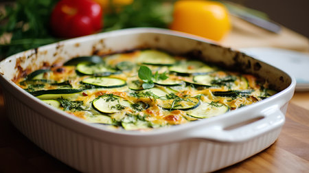 Casserole with zucchini, cheese and herbs in baking dishの素材
