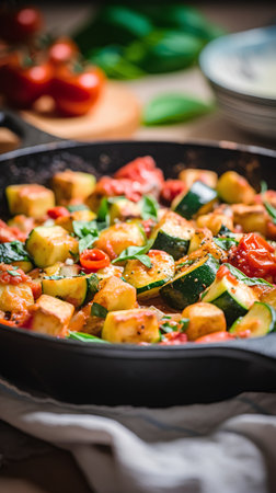 Fried zucchini with tomatoes and herbs in a frying panの素材