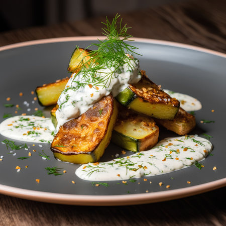 Grilled zucchini with sauce and dill on a plateの素材