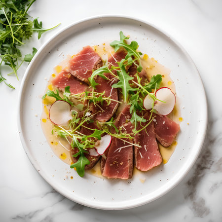 Beef carpaccio with arugula and radishle backgroundの素材