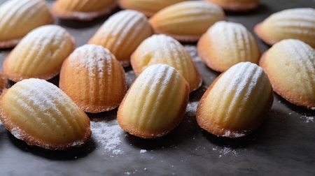 Cookies sprinkled with powdered sugar on a black background. Selective focus.の素材
