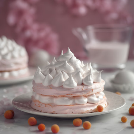 pink and white meringue cake on a white plate, selective focusの素材
