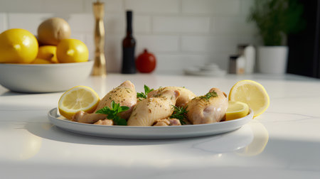 Chicken fillet with lemon and herbs on a white plate in the kitchenの素材