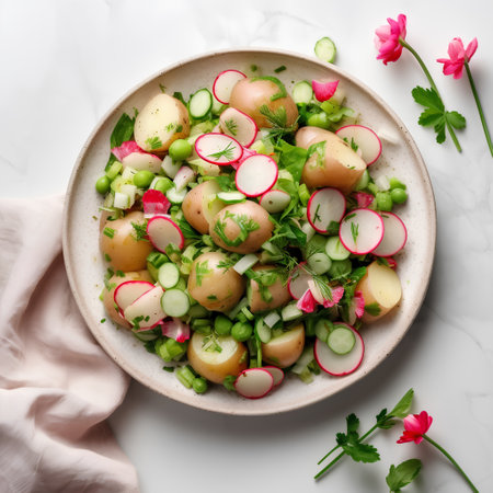 Potato salad with radish, cucumber, green peas and parsley on a light background, top viewの素材