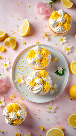 Lemon meringue cakes with fresh lemons and flowers on pink backgroundの素材