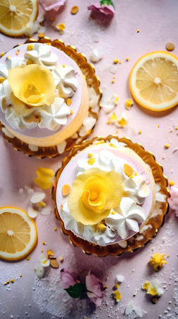 Lemon cupcakes decorated with whipped cream and yellow flowers on pink backgroundの素材