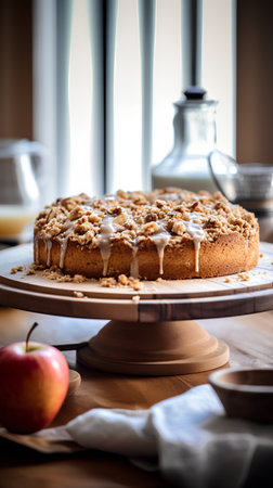 Homemade apple cake on a wooden stand. Selective focus.の素材