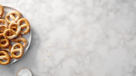 Top view of white plate with tasty salted pretzelsle backgroundの素材