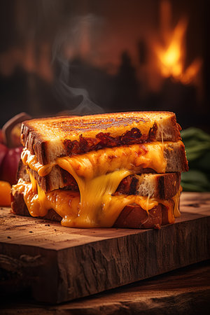 Cheese sandwich with bacon and tomato on a wooden board on a fire backgroundの素材