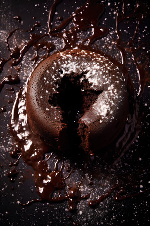 Chocolate cake with chocolate glaze on a black background. Toned.の素材