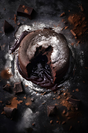 Chocolate cake with melted chocolate and cocoa powder on a black backgroundの素材