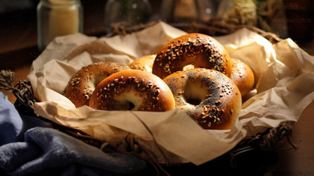 Bagels with poppy seeds and sesame seeds on rustic backgroundの素材