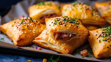 Baked puff pastry with bacon and sesame seeds on a dark background.の素材