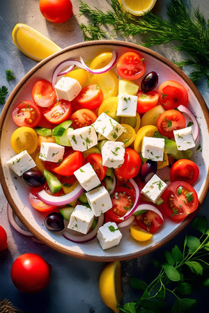 Greek salad with feta cheese, cherry tomatoes, black olives and fresh herbs on a dark backgroundの素材