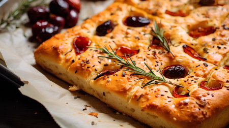 Homemade pie with cranberries and rosemary on baking paper.の素材
