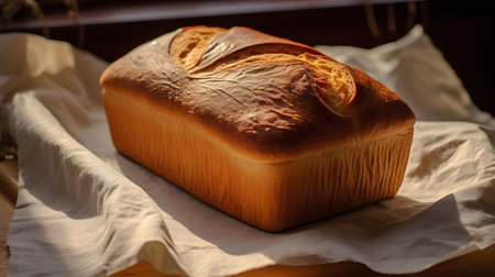 Freshly baked loaf of bread on a wooden table in a bakeryの素材