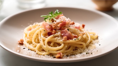 Spaghetti Carbonara with bacon and parmesan on a plateの素材