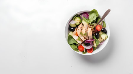 Fresh salad with chicken, tomatoes, cucumbers and olives on white backgroundの素材