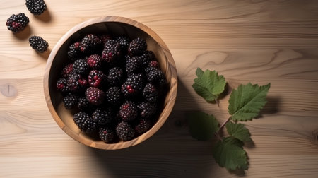 Blackberries in a wooden bowl on a wooden table, top viewの素材