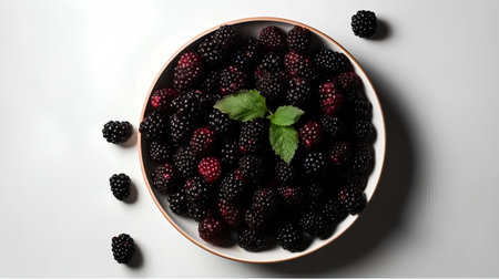 Blackberries and raspberries in a bowl on a white backgroundの素材