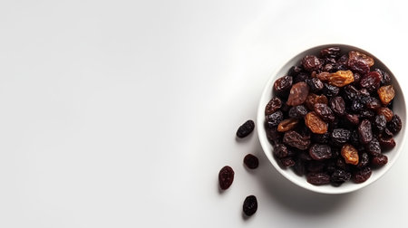 A bowl of raisins on a white background with copy spaceの素材