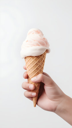 ice cream in a waffle cone in hand on a white backgroundの素材