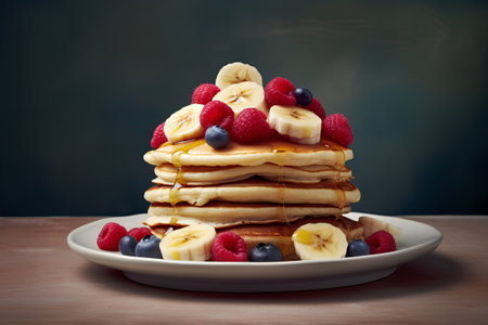 Stack of pancakes with berries and maple syrup on a white plate over dark backgroundの素材