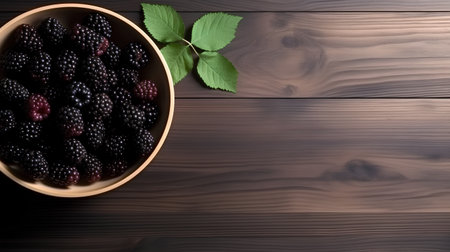 Blackberries and raspberries in a bowl on a wooden backgroundの素材